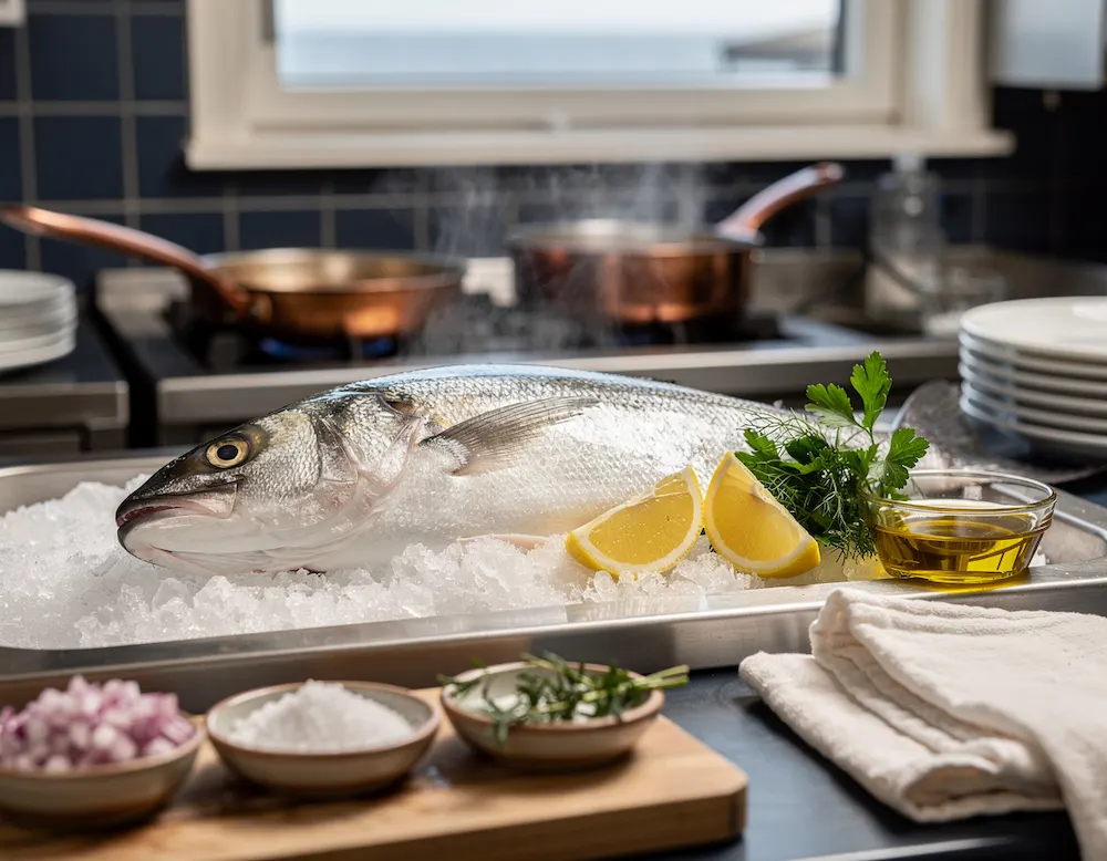 A whole fresh fish laid on ice at a kitchen pass with lemon and herbs beside it