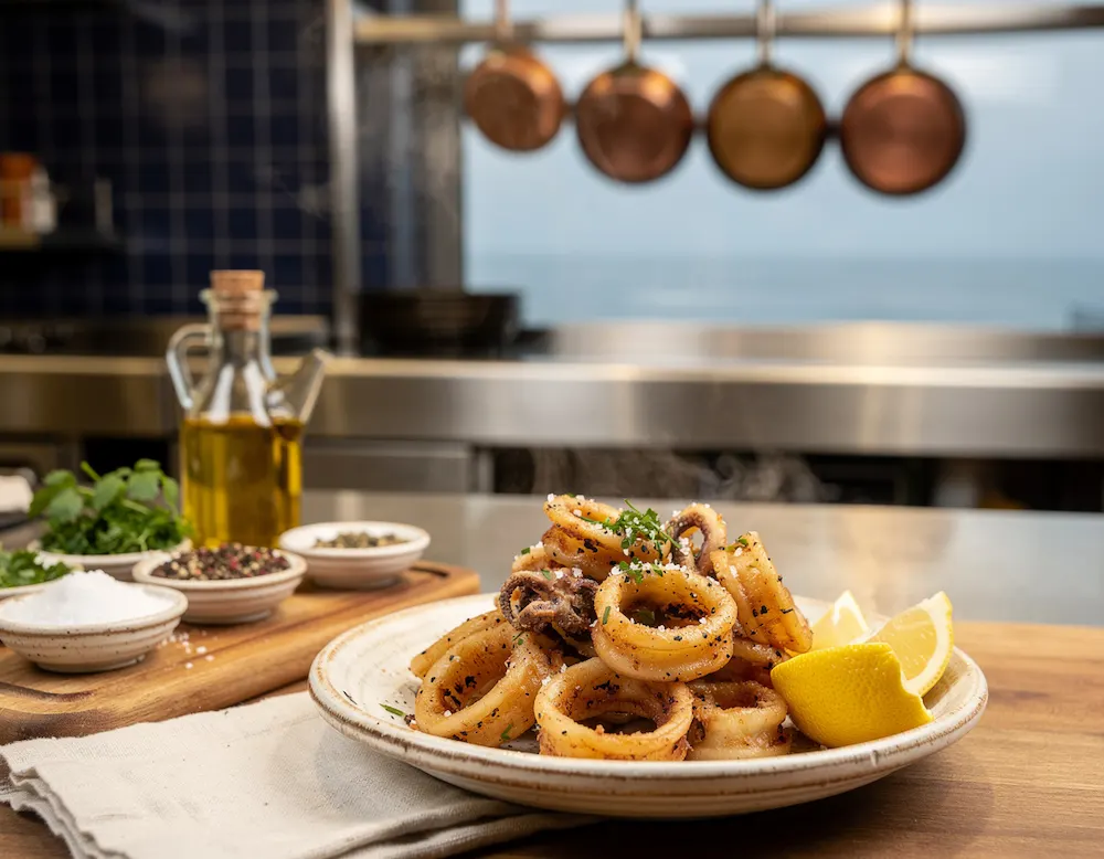 Golden salt and pepper squid piled on a small plate with lemon wedges