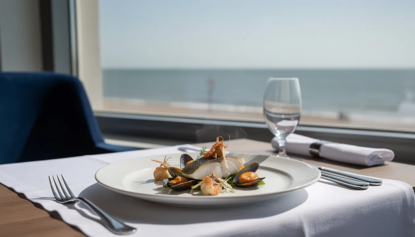 A plated seafood dish on a white tablecloth beside a window with the North Sea beyond