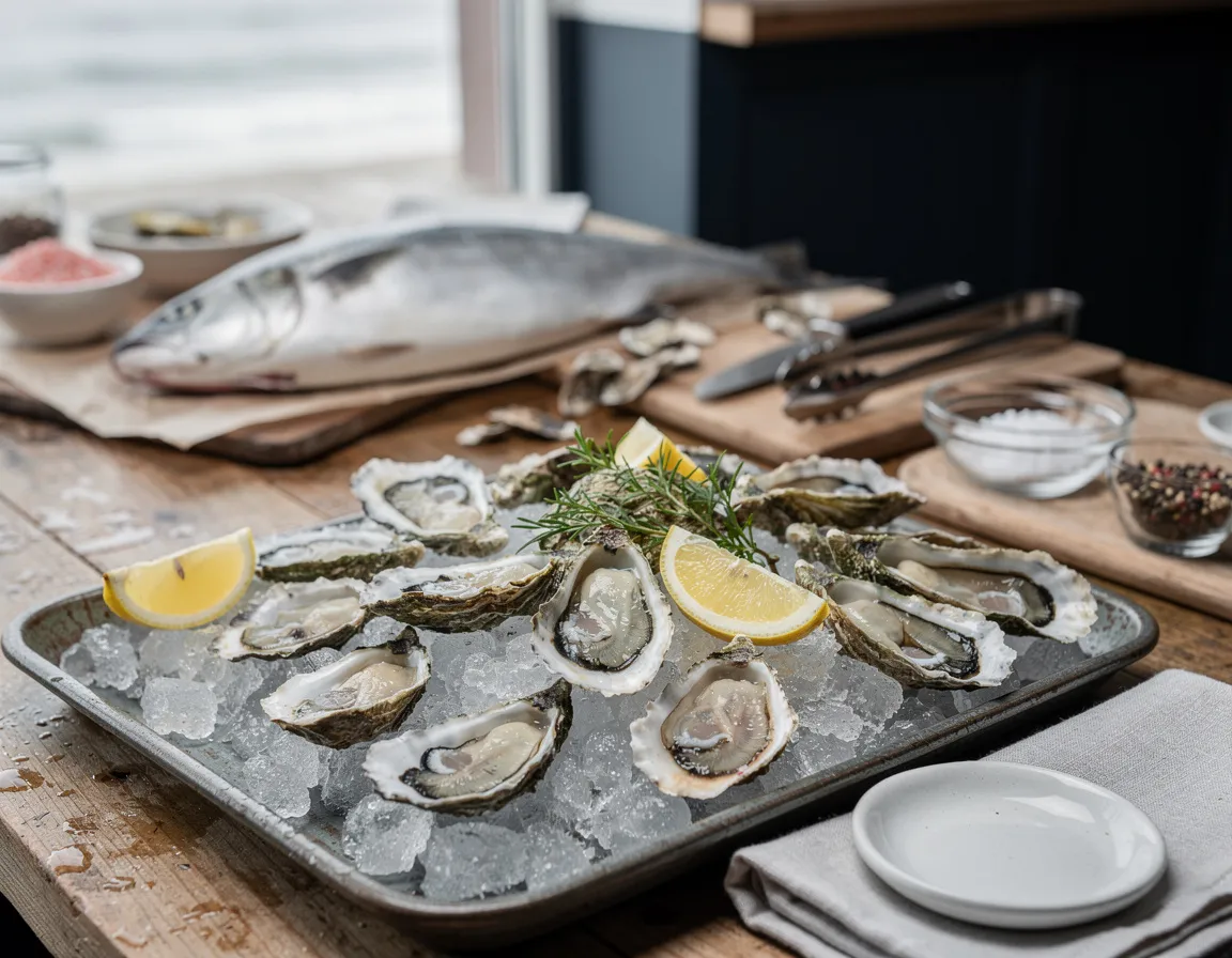 Fresh oysters and shells resting on crushed ice with lemon wedges