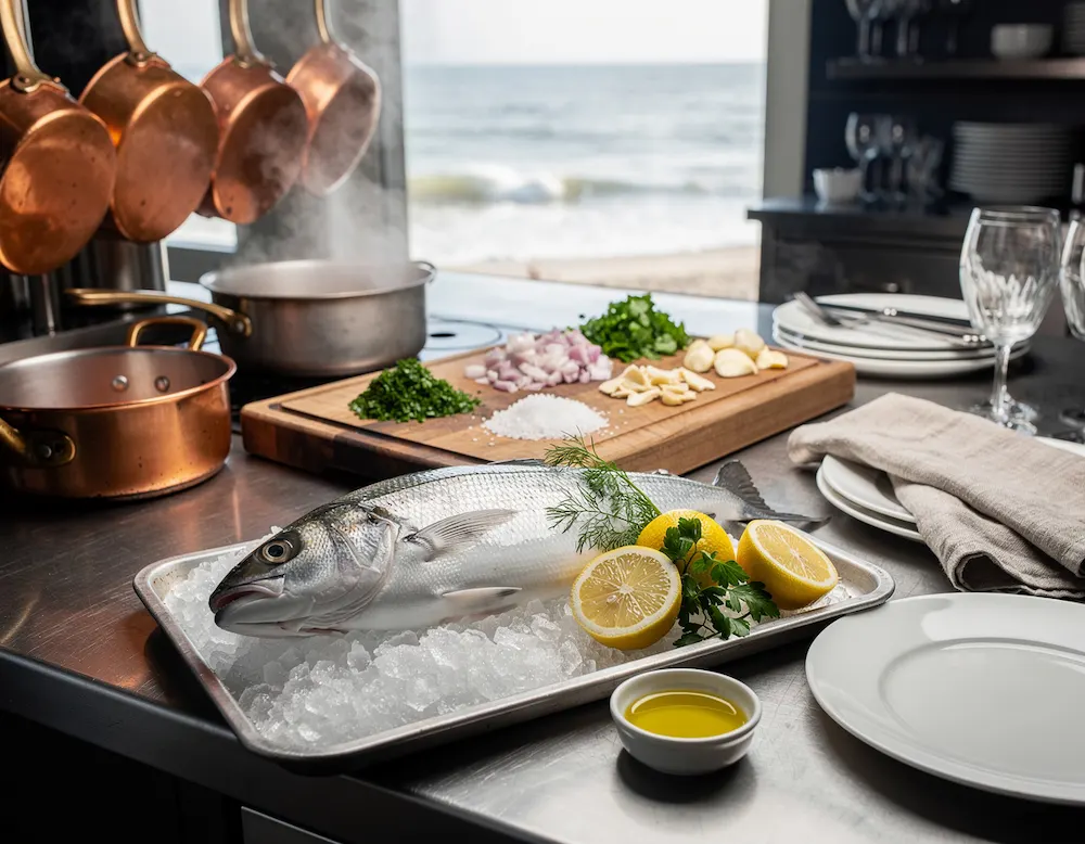 A whole fresh North Sea fish laid on ice at a kitchen pass with lemon and herbs beside it