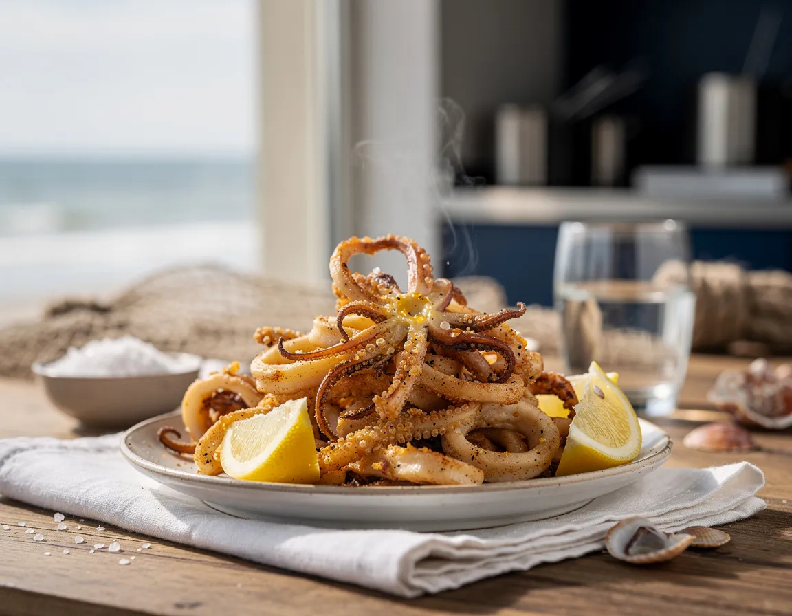 Golden salt and pepper squid piled on a small plate with lemon wedges