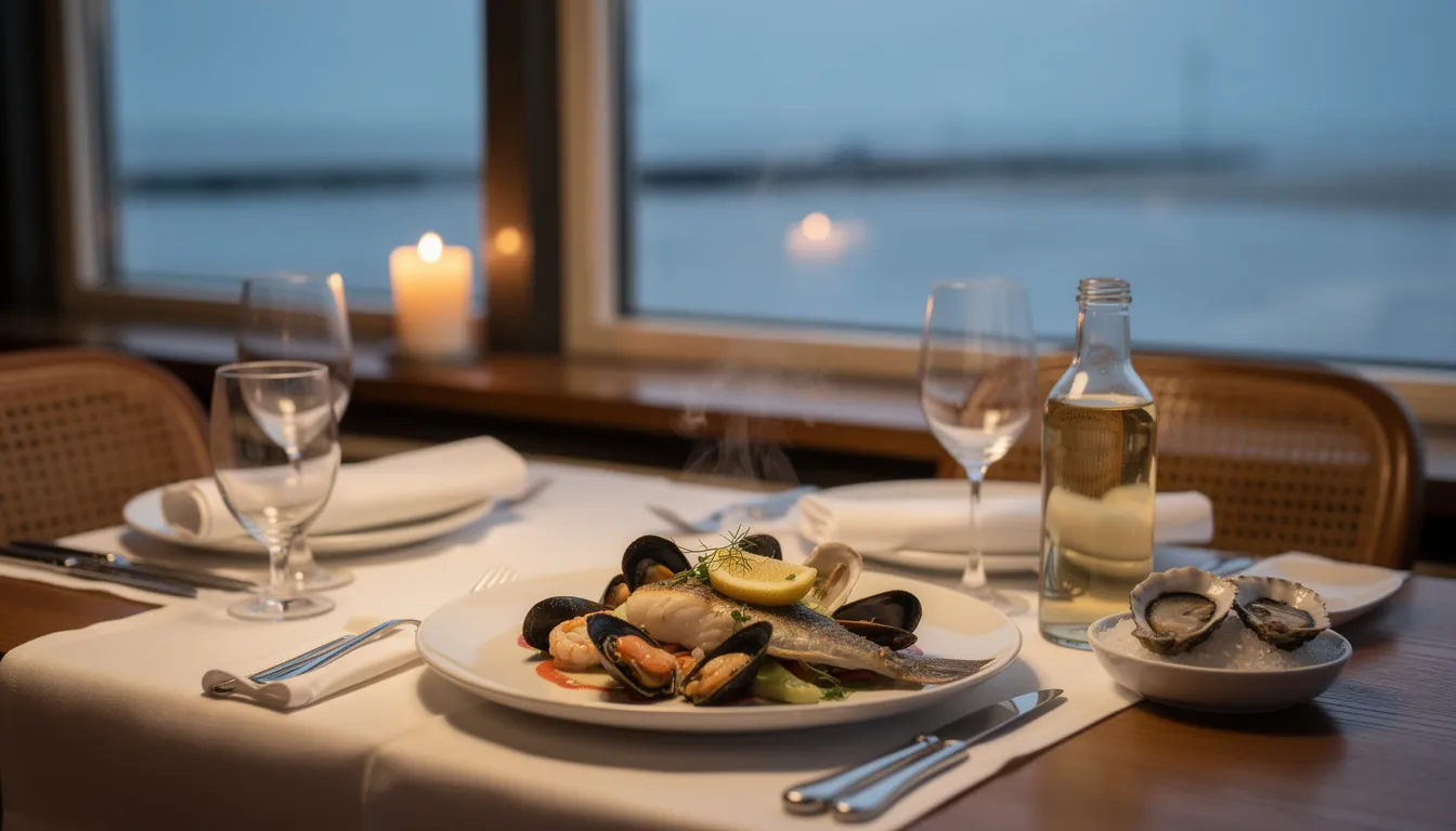 A candlelit table laid for two beside a window with the North Sea beyond at dusk