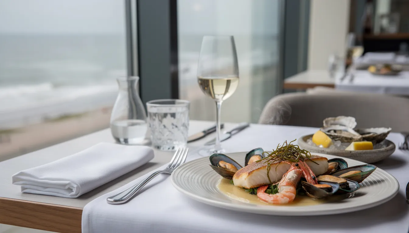 A laid restaurant table beside a large window with the North Sea and the Dutch coast beyond
