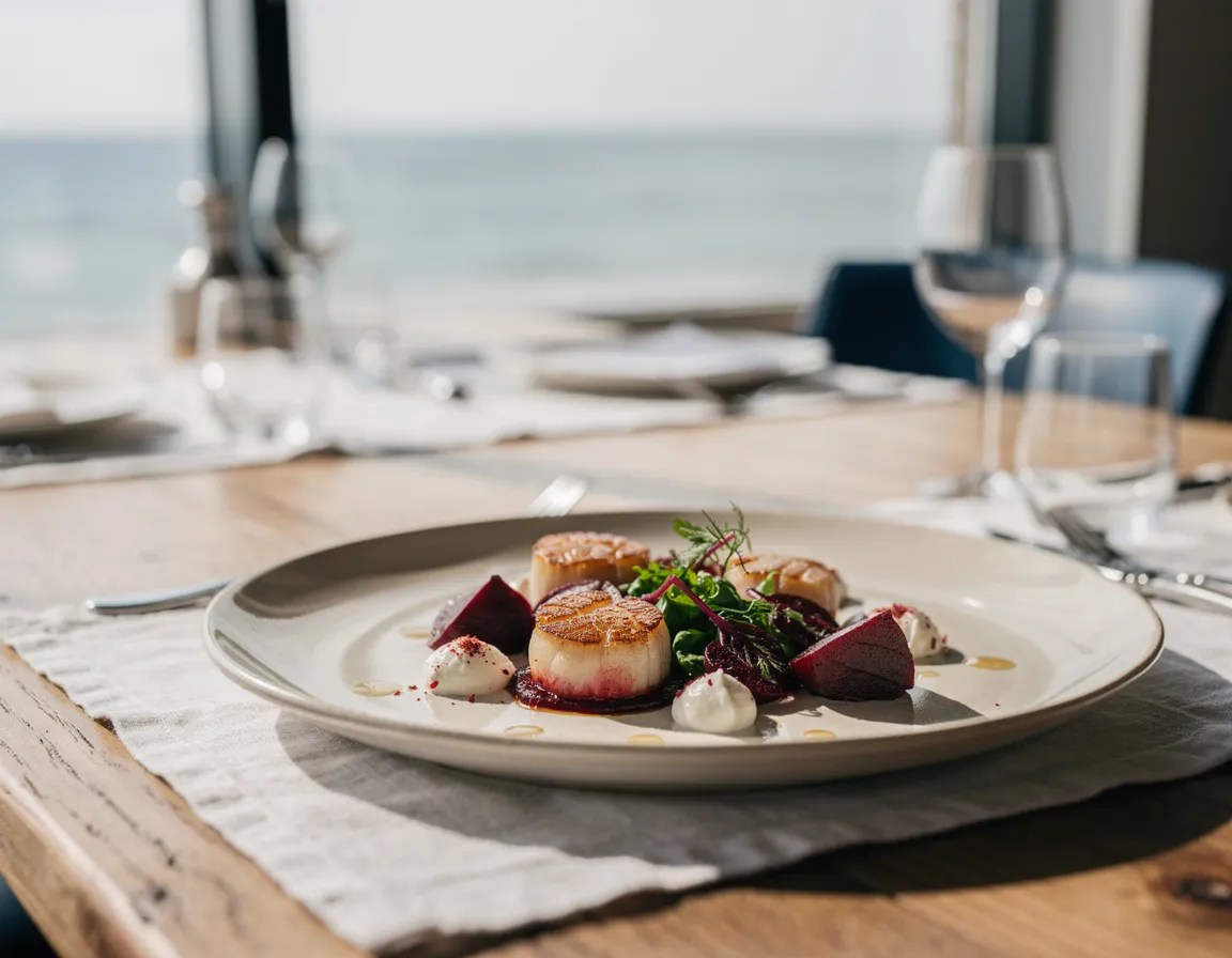 Seared king scallops arranged on a pale plate with roasted beetroot and crème fraiche