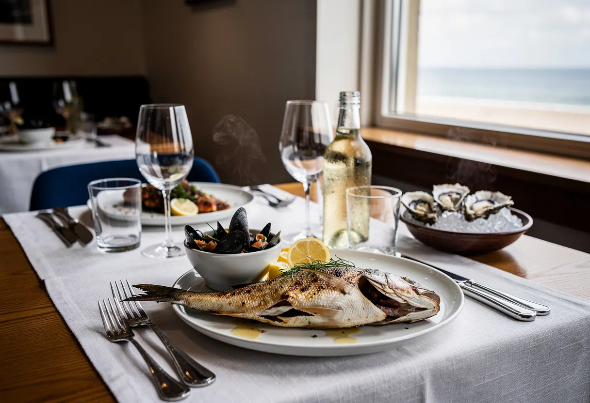 A table laid with white plates and glasses beside a window looking out over the sea