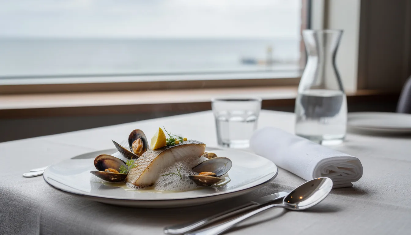 A plated seafood dish on a pale table beside a window with the North Sea beyond