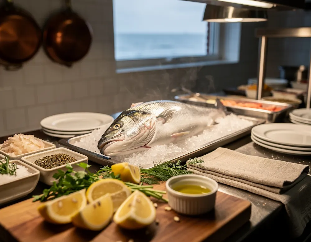 A whole fresh fish laid on ice at a kitchen pass with lemon and herbs beside it