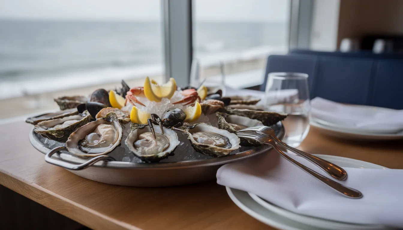 Fresh oysters and shellfish arranged on crushed ice with lemon wedges and small forks