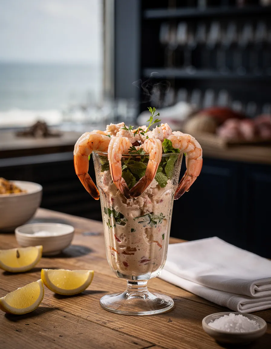 Prawn cocktail in a glass with pink prawns, lettuce and a creamy dressing
