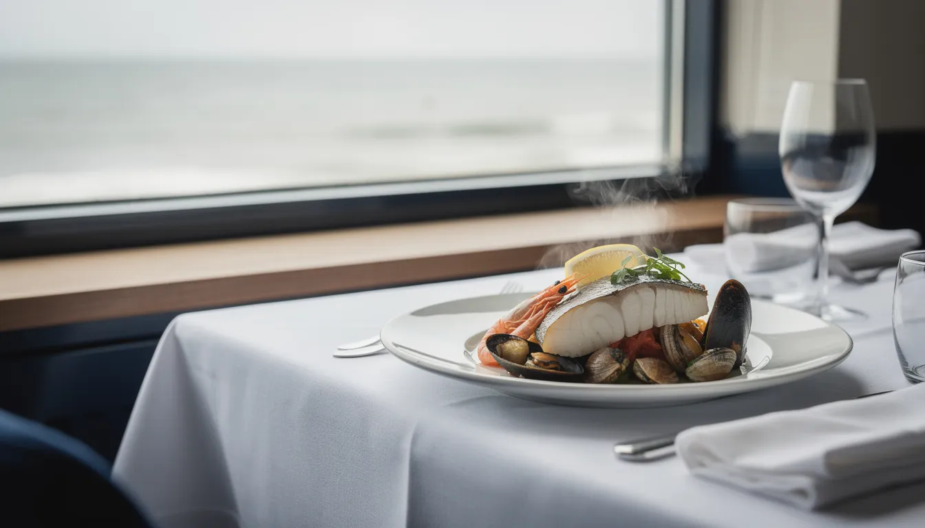 A plated seafood dish on a white tablecloth beside a window with the sea beyond
