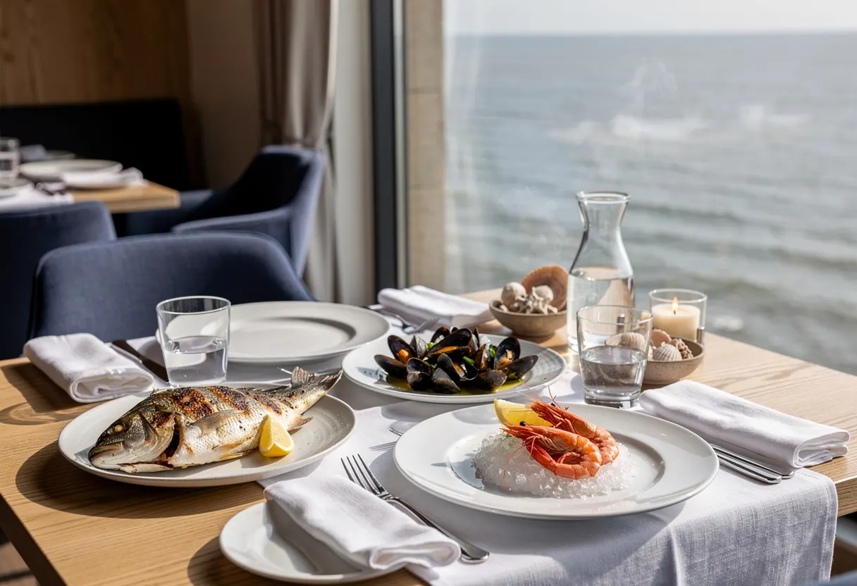 A set dinner table with white plates and folded napkins beside a large window overlooking the sea