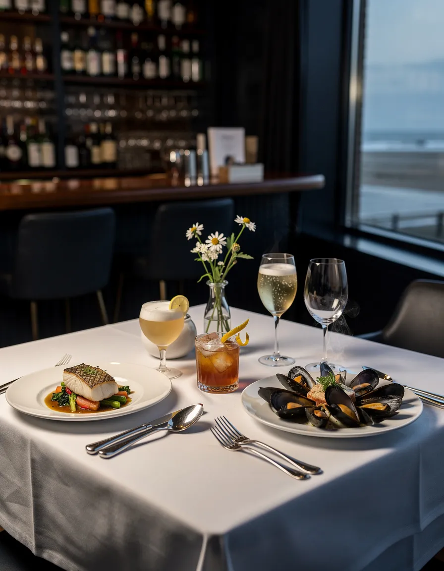 A table for two laid with white plates, wine glasses and a small vase, set beside a window overlooking the sea