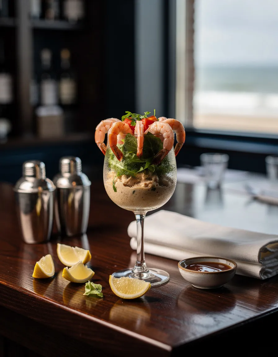 Prawn cocktail in a glass with pink prawns, lettuce and a creamy dressing