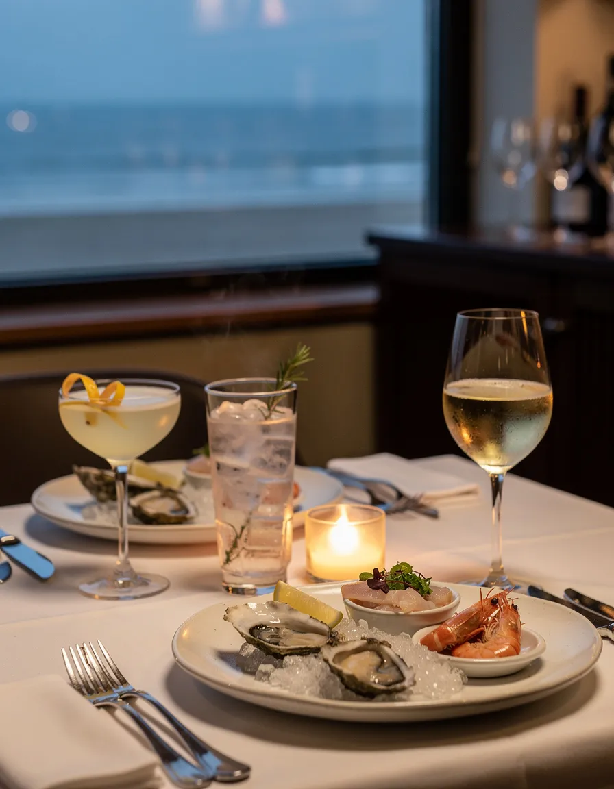 A table laid with white plates, wine glasses and a small candle beside a window at dusk