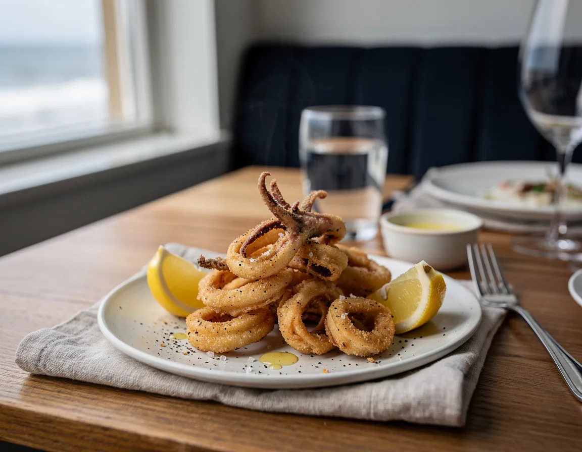 Golden salt and pepper squid piled on a small plate with lemon wedges
