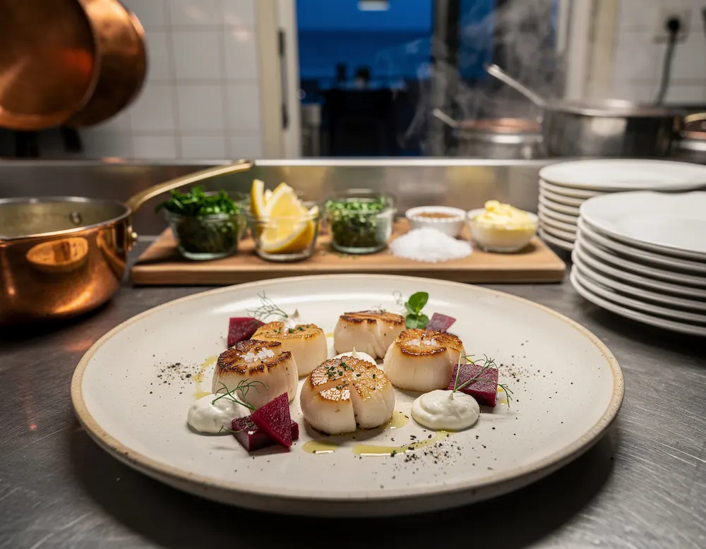 Seared king scallops arranged on a pale plate with beetroot and crème fraiche