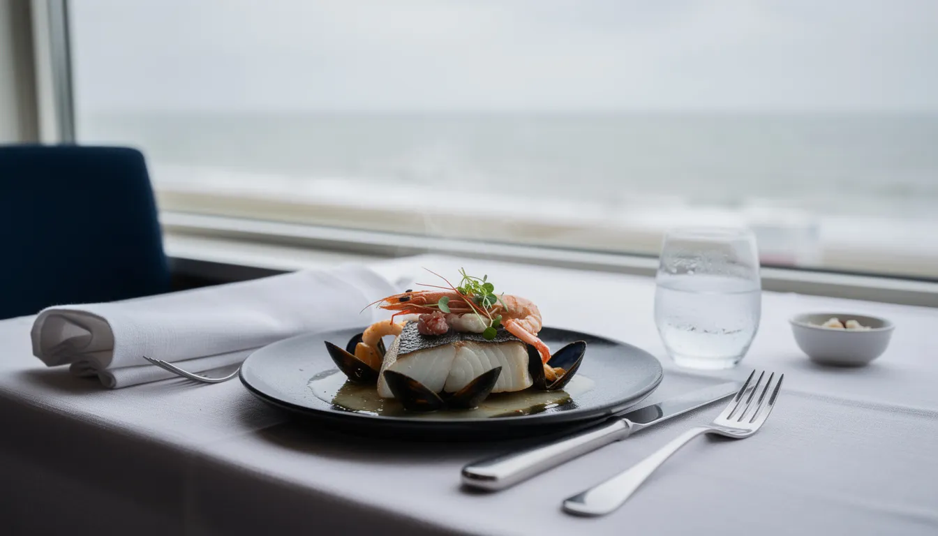 A plated seafood dish on a pale table beside a window with the North Sea beyond