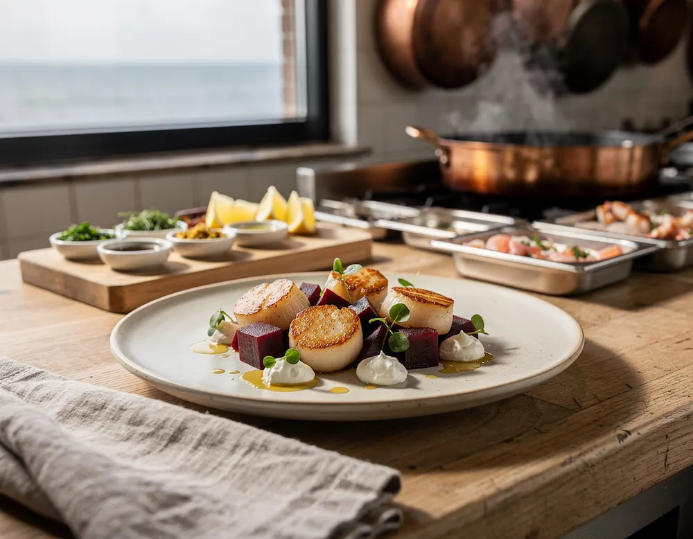 Seared king scallops arranged on a pale plate with beetroot and crème fraiche