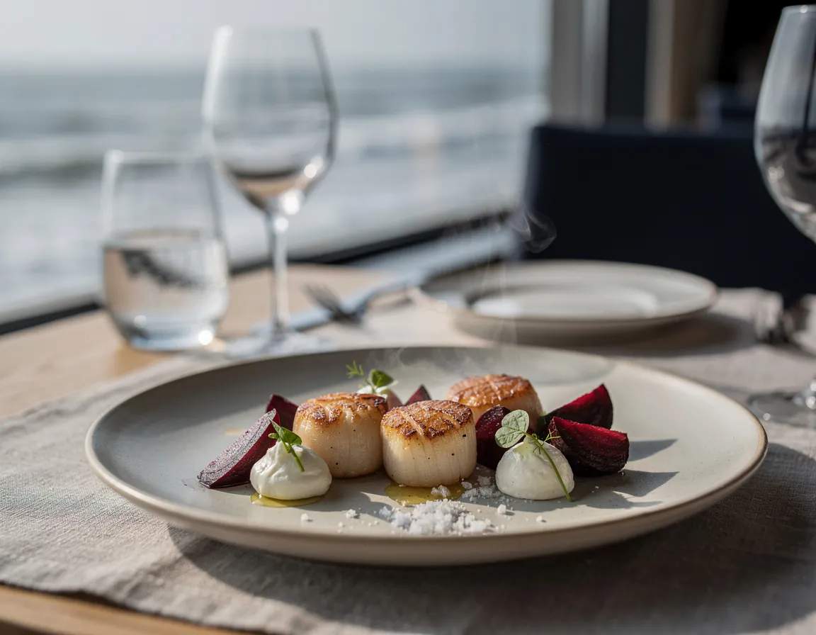 Seared king scallops arranged on a pale plate with beetroot and crème fraiche