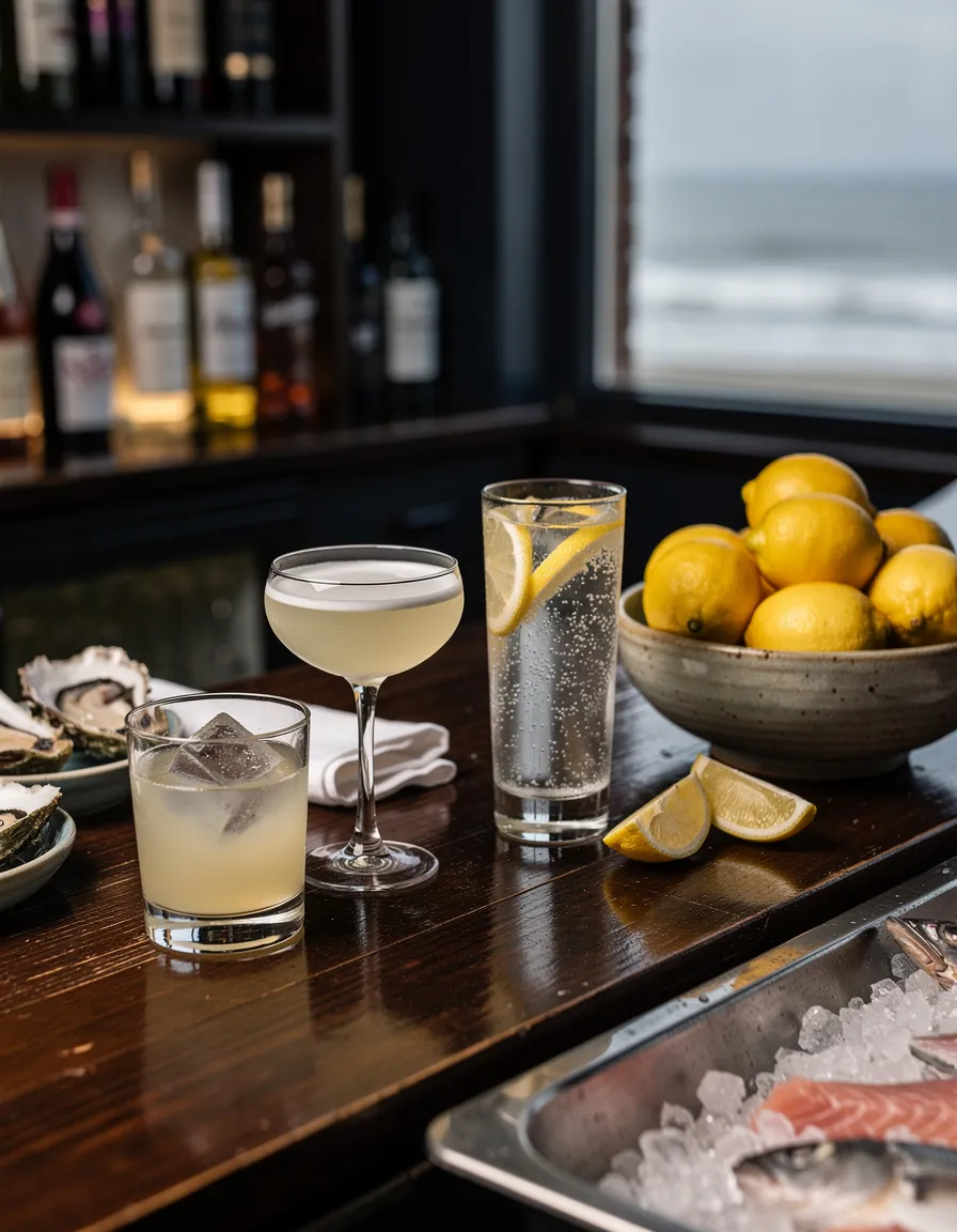 Glasses and bottles lined up on a dark bar counter beside a bowl of fresh lemons