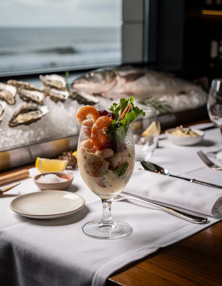 Prawn cocktail in a glass with pink prawns, lettuce and a creamy dressing