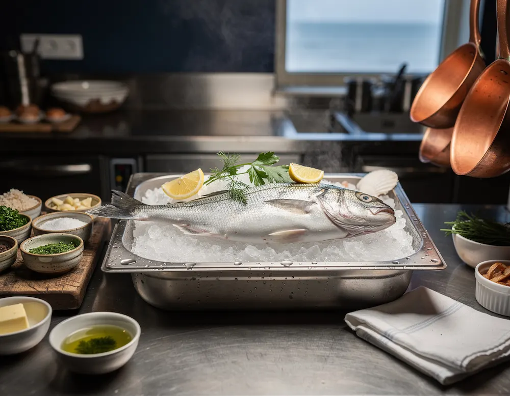 A whole fresh fish laid on ice at a kitchen pass with lemon and herbs beside it